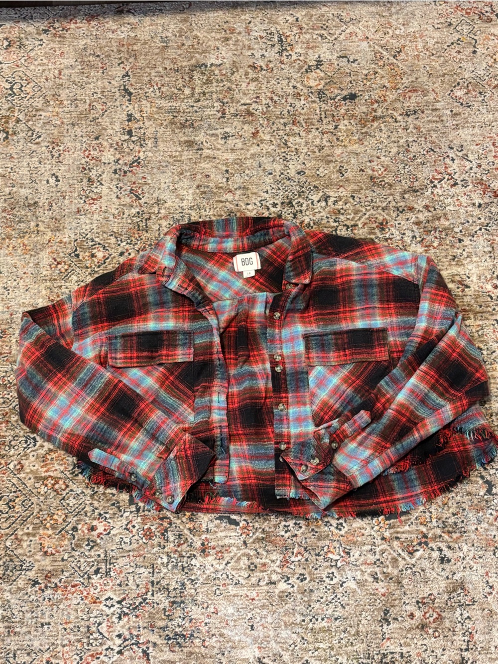 BDG Red & Teal Cropped Plaid Flannel Shirt Jacket
